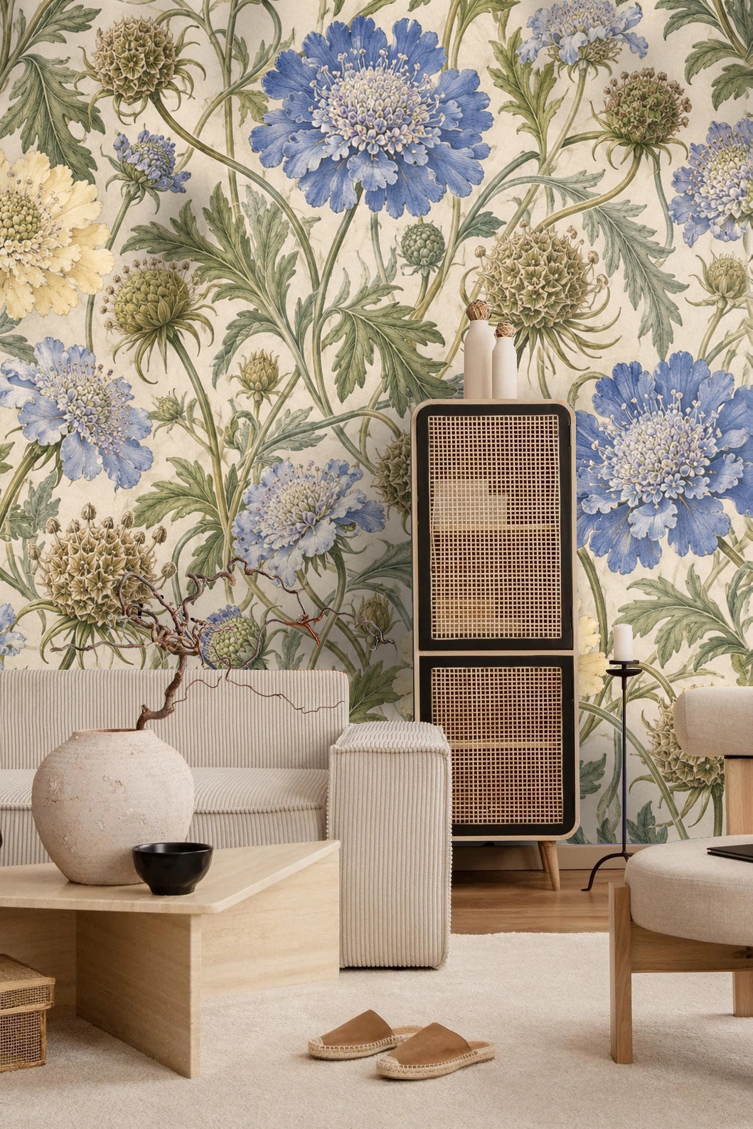 Patterned wallpaper wall with soft light showing the matte texture