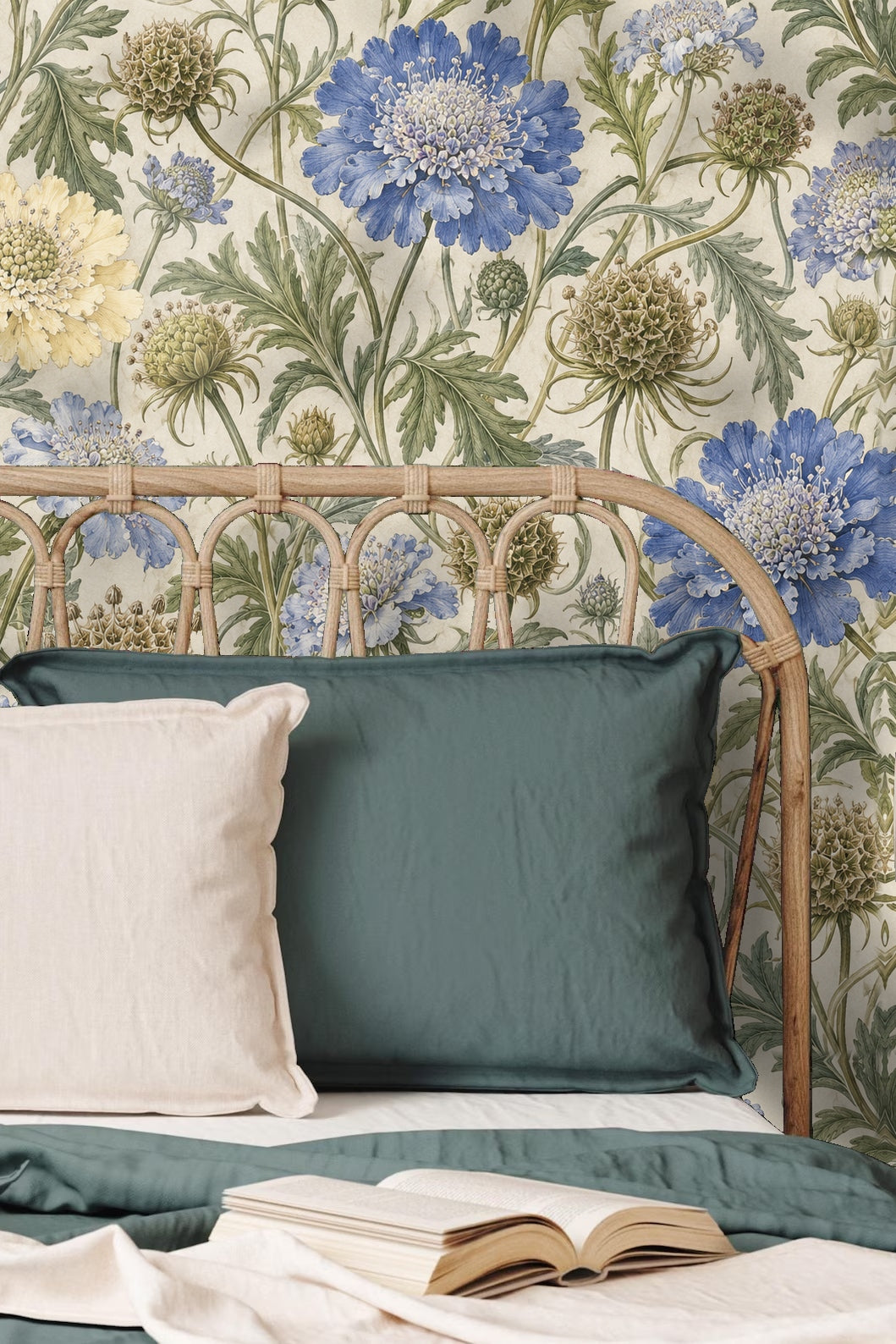 Close-up vignette of scabious seed wallpaper behind a wooden console adorned with ceramic vase and foliage