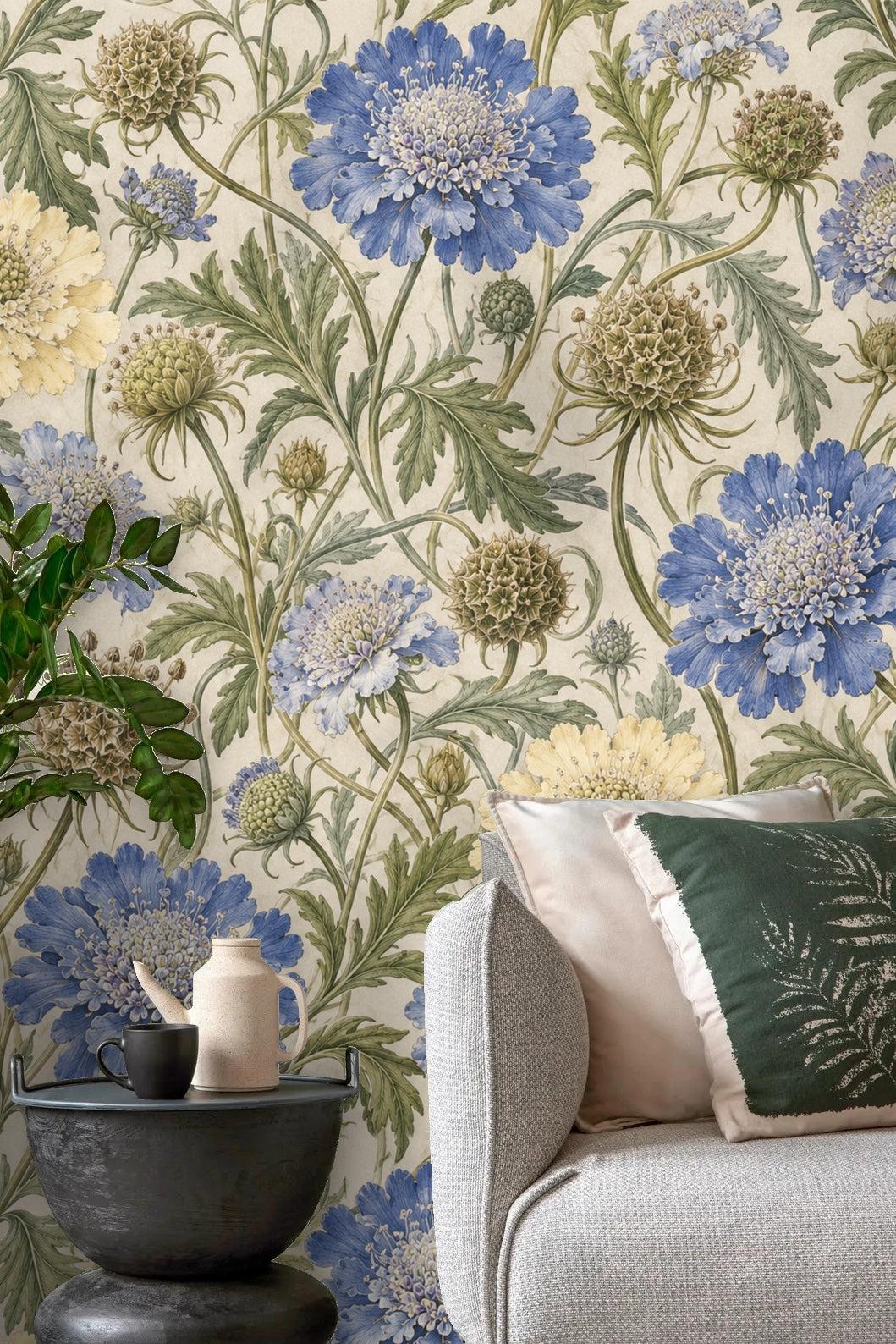 Detailed botanical wallpaper pattern with blue and soft yellow scabious flowers and seed pods
