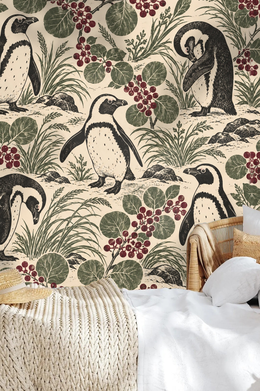 Children’s playroom featuring Penguin Berry Patch wallpaper with natural wood toys and rattan chairs, highlighting scale
