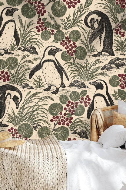 Children’s playroom featuring Penguin Berry Patch wallpaper with natural wood toys and rattan chairs, highlighting scale