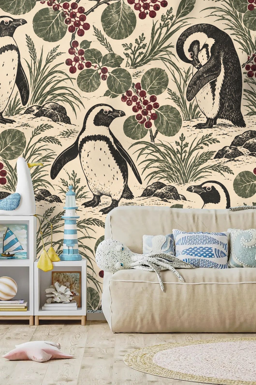 Penguin Berry Patch wallpaper shown in an interior setting