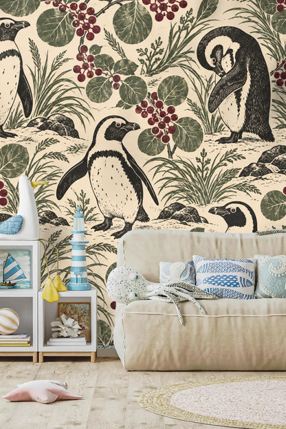 Penguin Berry Patch wallpaper shown in an interior setting