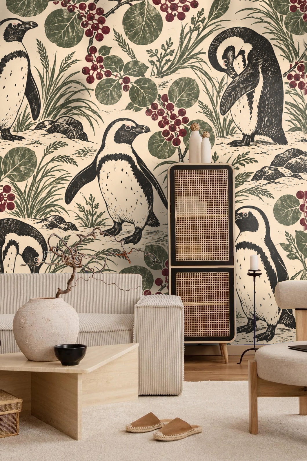 Close-up of black and white penguins with burgundy berries and green leaves on cream background wallpaper