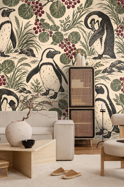 Close-up of black and white penguins with burgundy berries and green leaves on cream background wallpaper