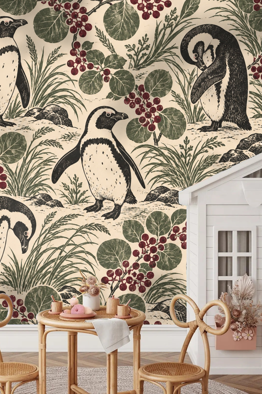Living room showing Penguin Berry Patch wallpaper with mid-century modern furniture and woven textures