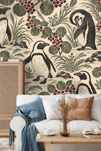 Penguin Berry Patch wallpaper shown in an interior setting