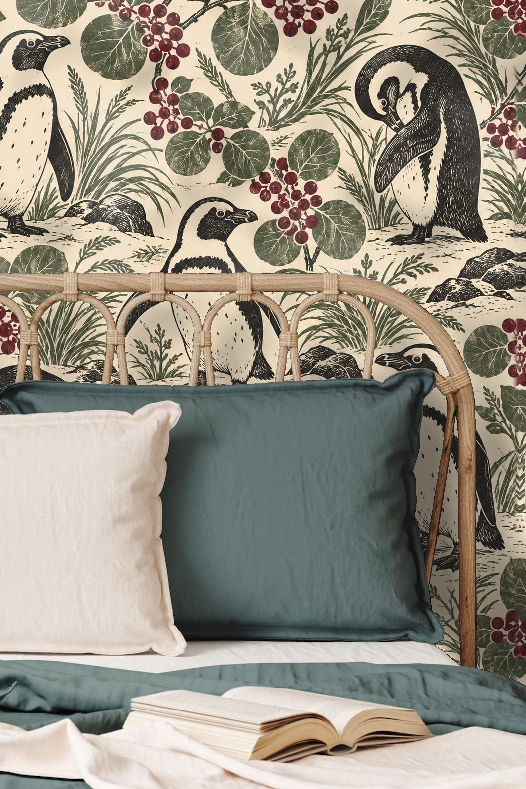 Penguin Berry Patch wallpaper shown in an interior setting