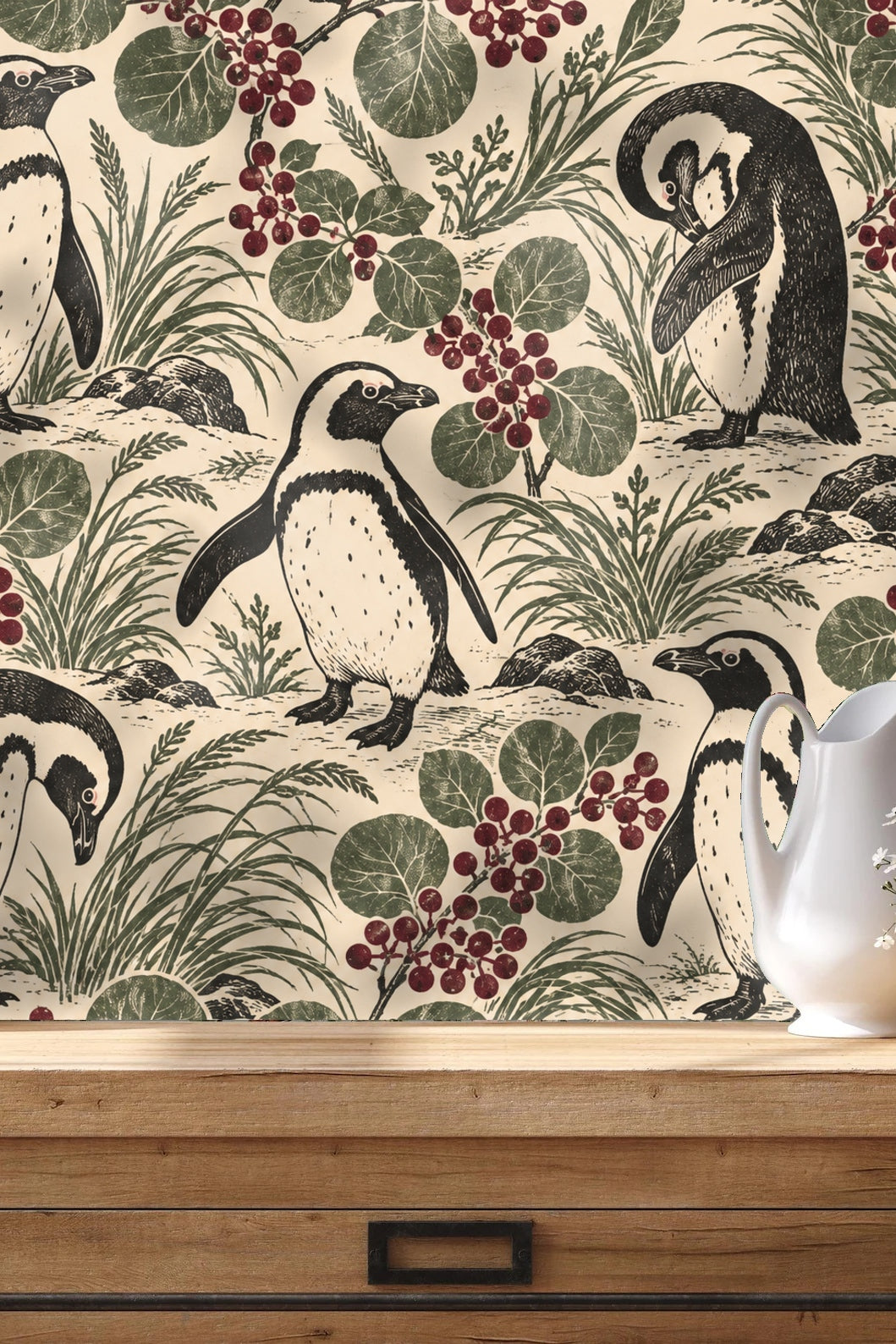 Penguin Berry Patch wallpaper shown in an interior setting