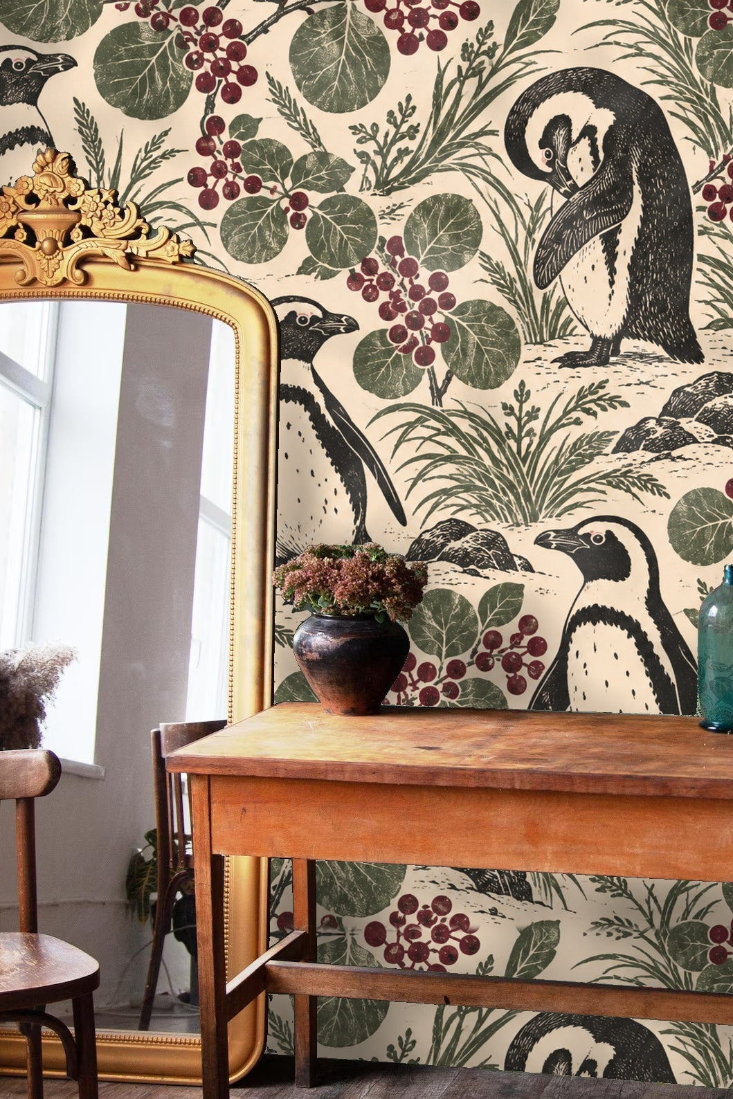 Penguin Berry Patch wallpaper shown in an interior setting