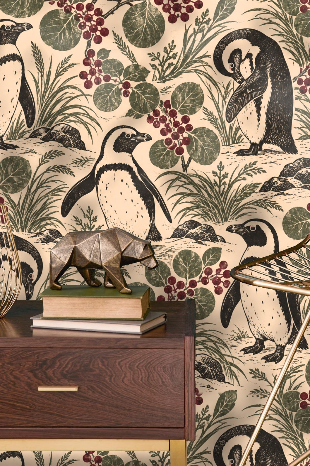 Penguin Berry Patch wallpaper shown in an interior setting