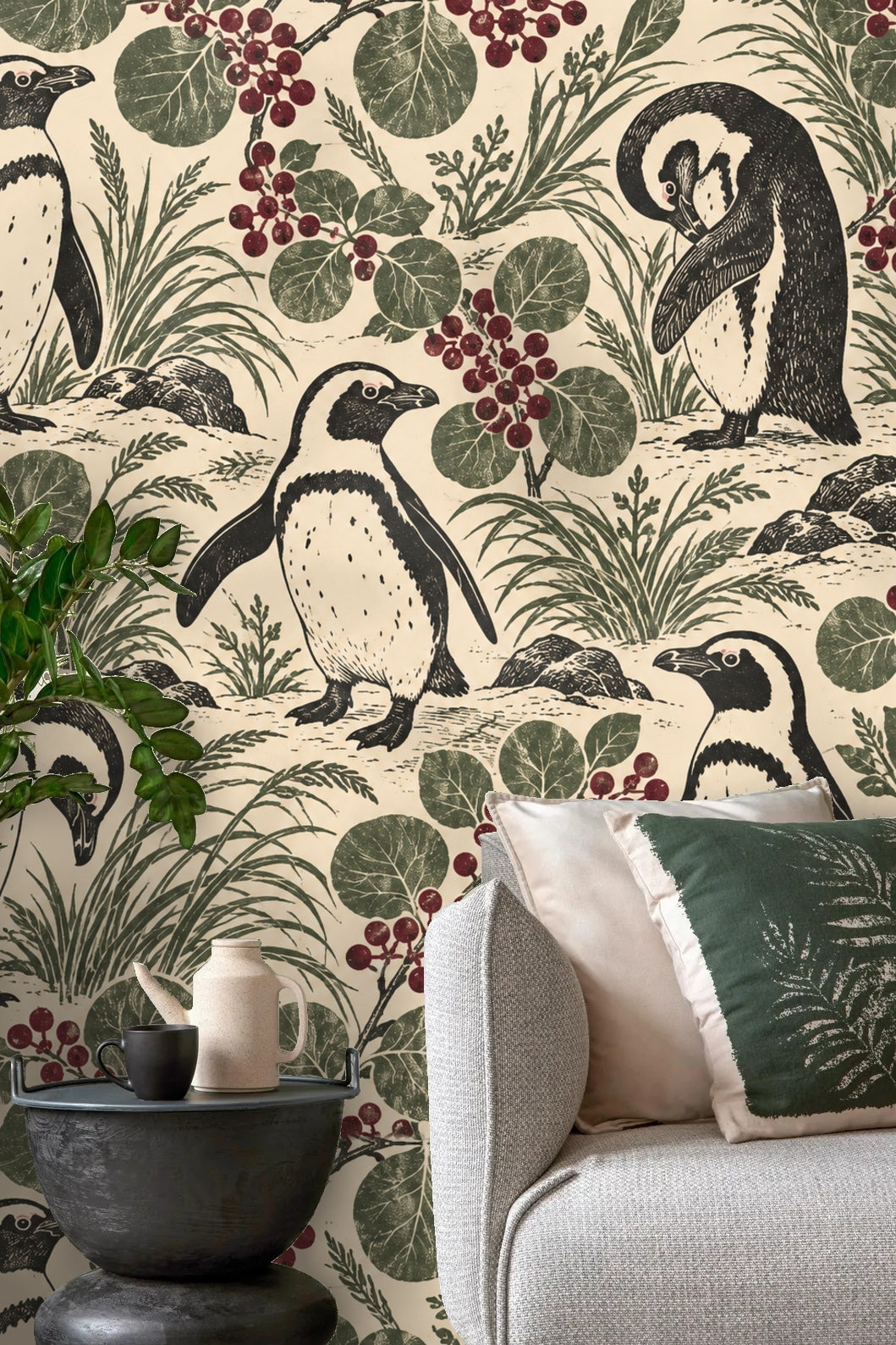 Penguin Berry Patch wallpaper shown in an interior setting