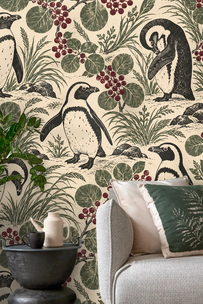 Penguin Berry Patch wallpaper shown in an interior setting