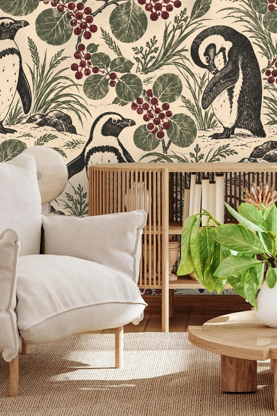 Penguin Berry Patch wallpaper shown in an interior setting