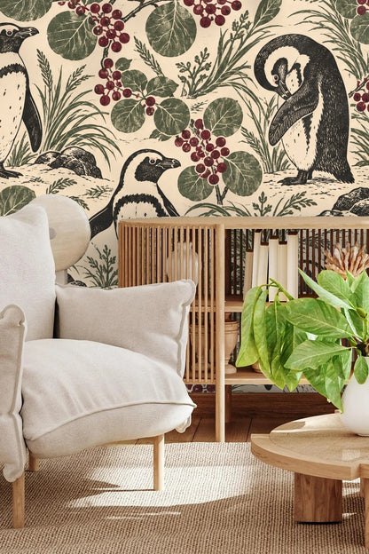 Penguin Berry Patch wallpaper shown in an interior setting