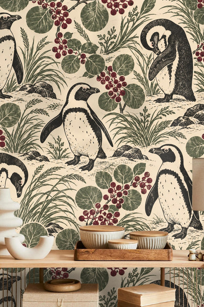 Penguin Berry Patch wallpaper shown in an interior setting