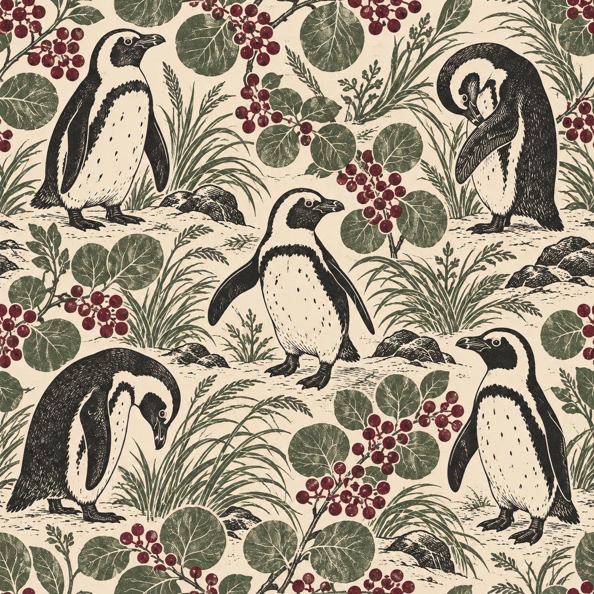 Penguin Berry Patch wallpaper shown in an interior setting