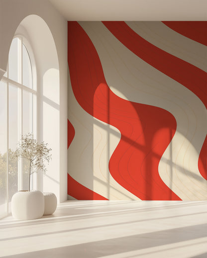 Crimson Wave Flow bold red wave peel and stick wallpaper mural