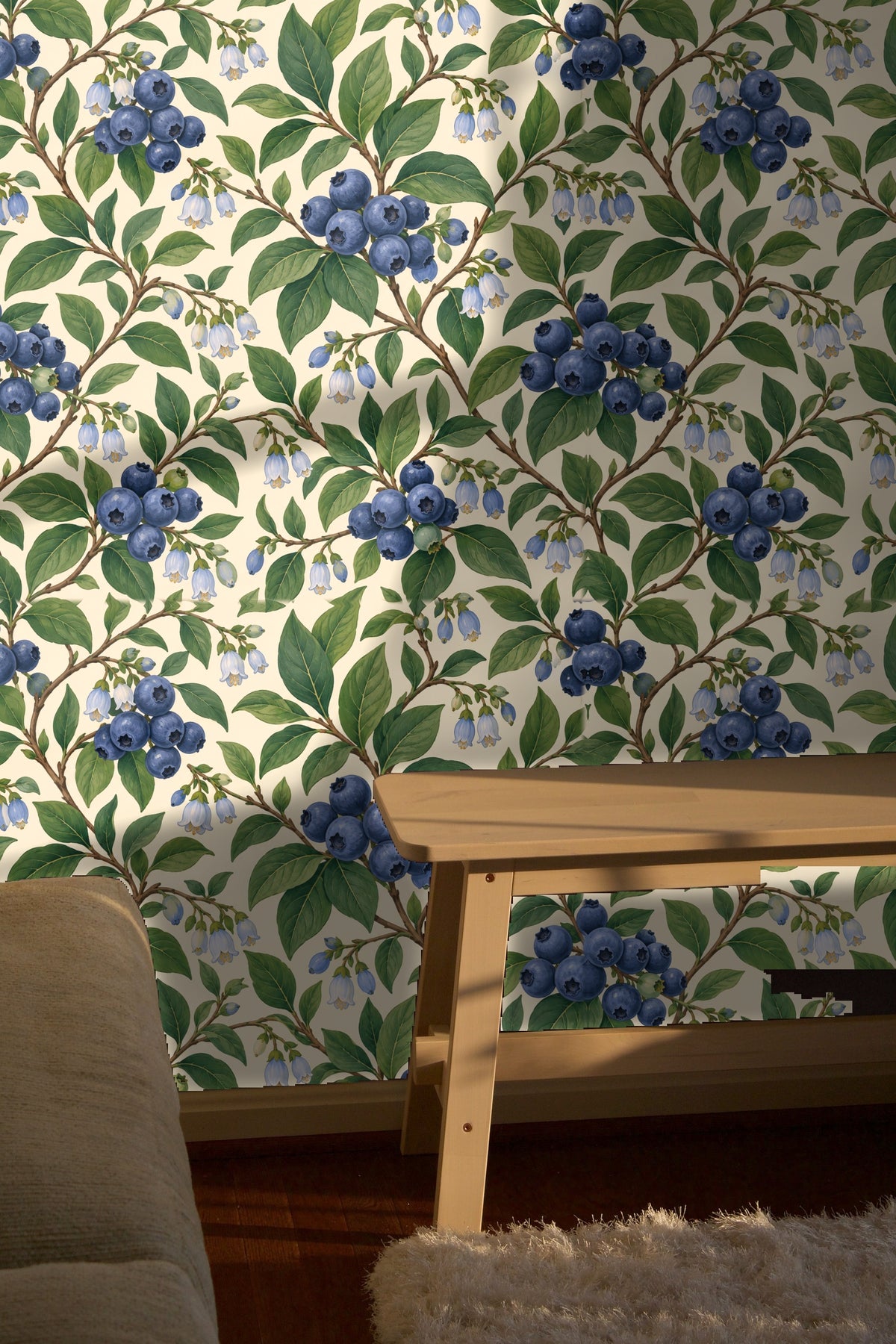 Blueberry floral wallpaper adding a fresh, nature-inspired accent to interior walls.