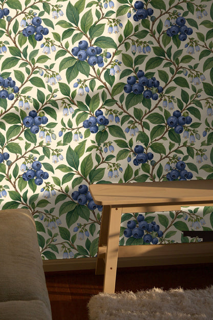 Blueberry floral wallpaper adding a fresh, nature-inspired accent to interior walls.