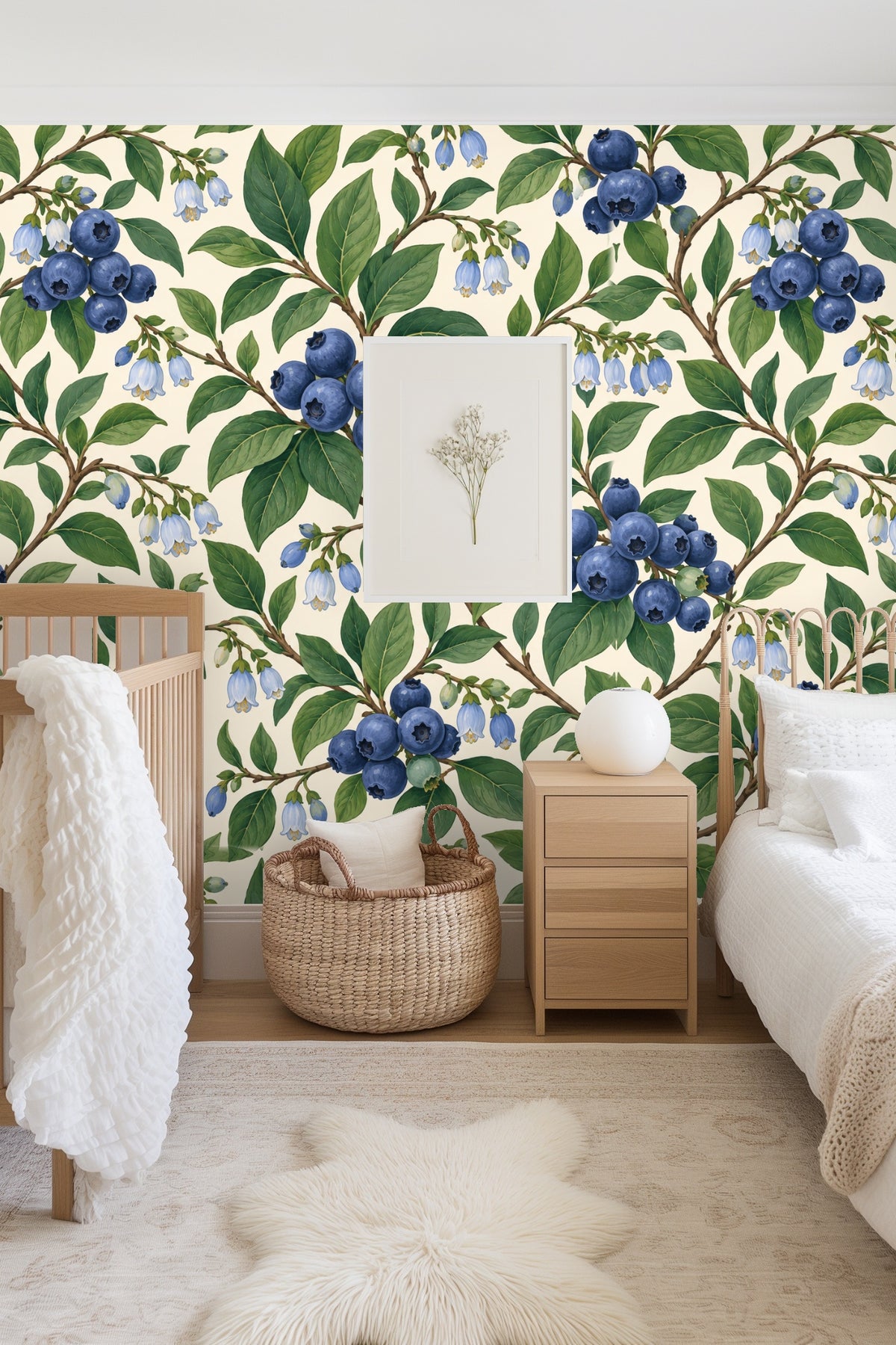 Stylized botanical illustration wallpaper with a naturalistic color palette in blue, green, and cream.