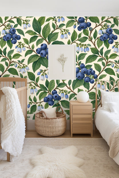 Stylized botanical illustration wallpaper with a naturalistic color palette in blue, green, and cream.