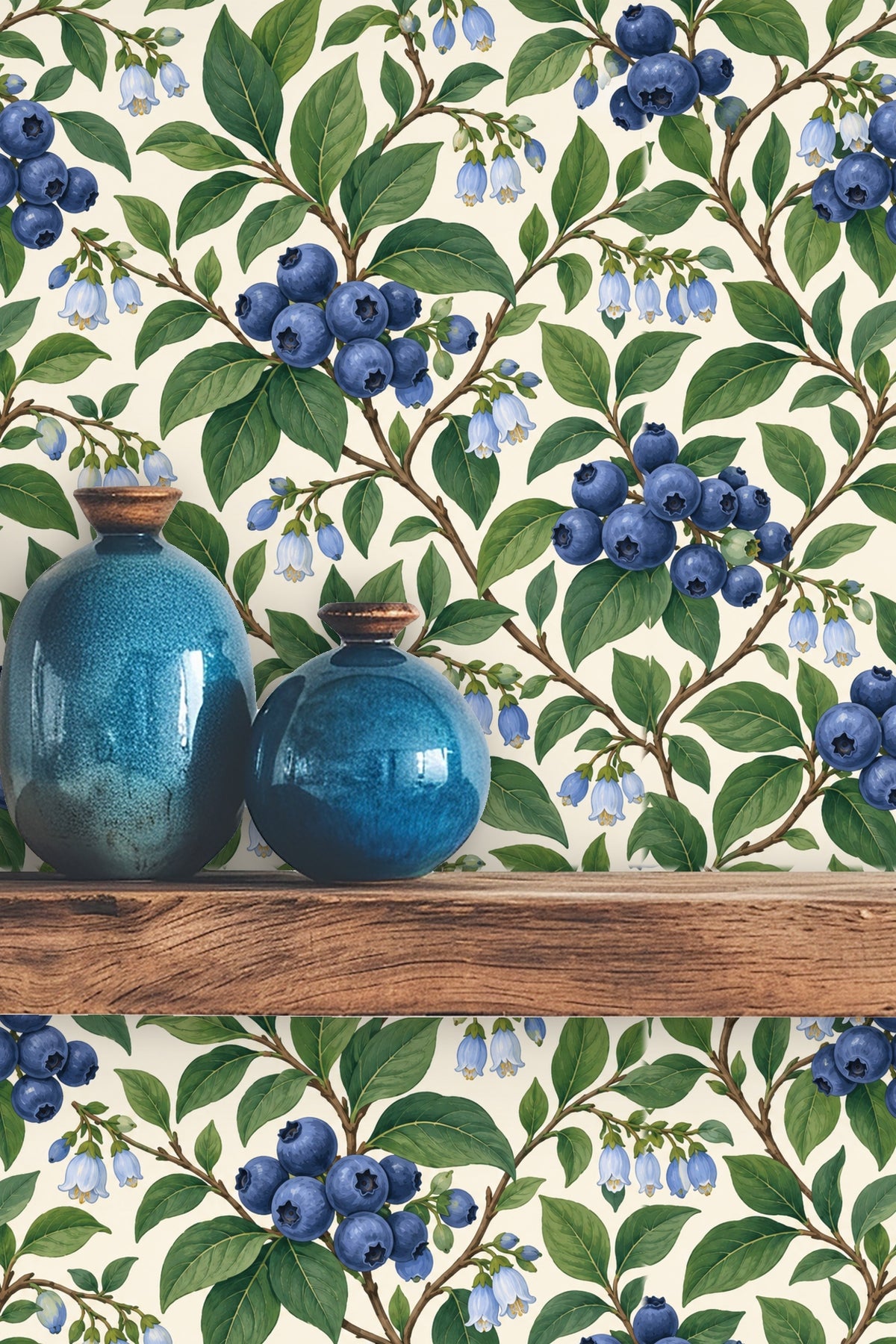 Detailed artwork of blueberry botanicals with green leaves and white bell-shaped flowers.