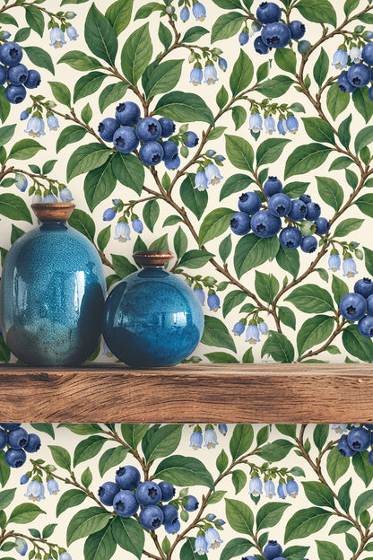 Detailed artwork of blueberry botanicals with green leaves and white bell-shaped flowers.
