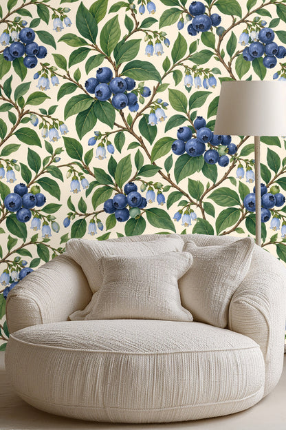 Pattern repeat detail of hand-painted blueberry branches with shading and depth.
