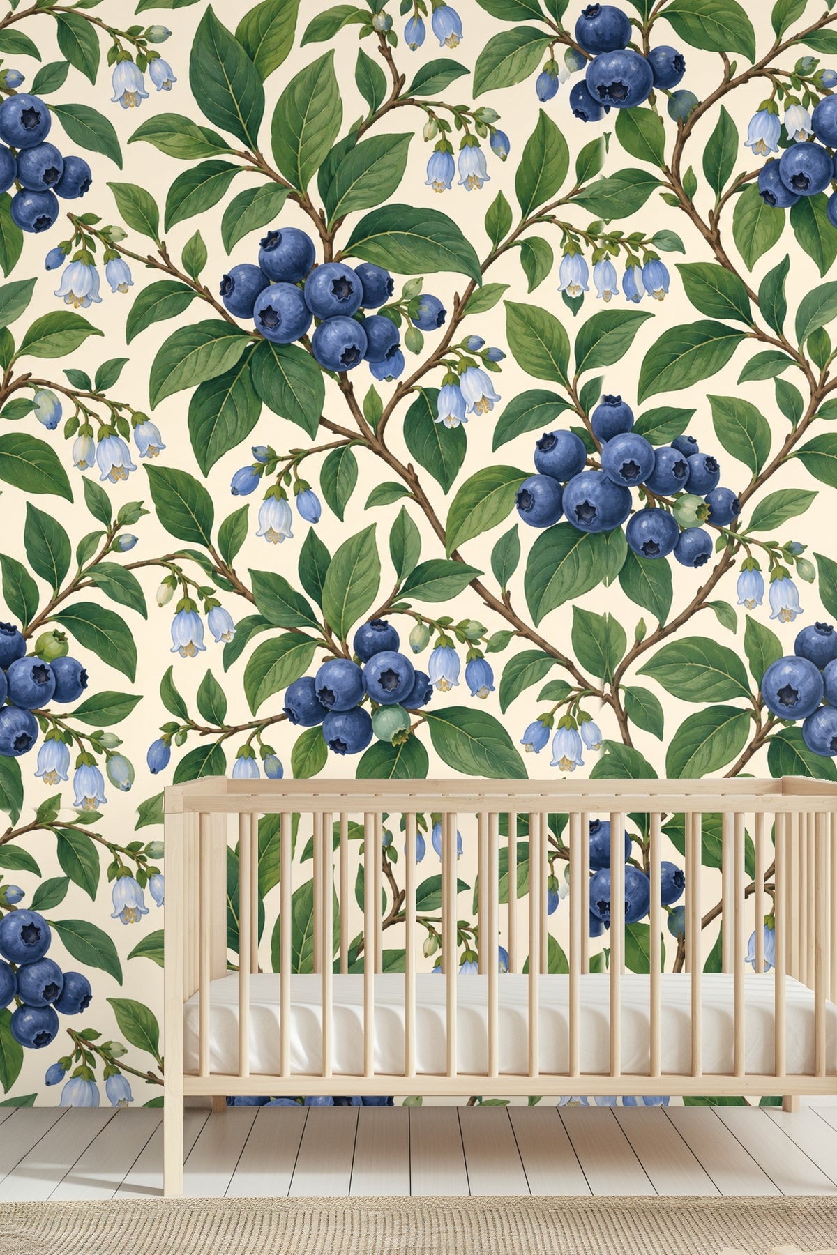 Close-up of delicate flower buds and leaf textures on botanical wallpaper.