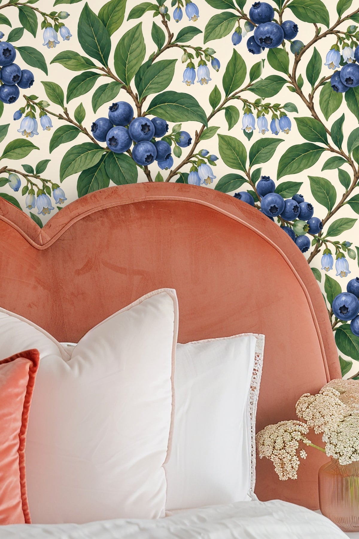 Wallpaper shown in a cozy living room setting with warm wood tones and natural materials.