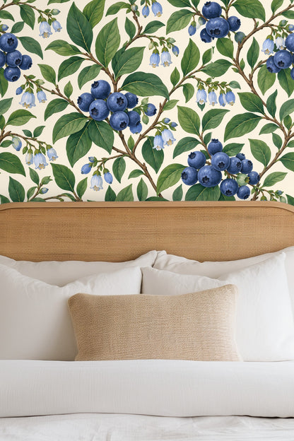 Wallpaper with a soft cream background enhancing the vibrancy of blueberries and foliage.