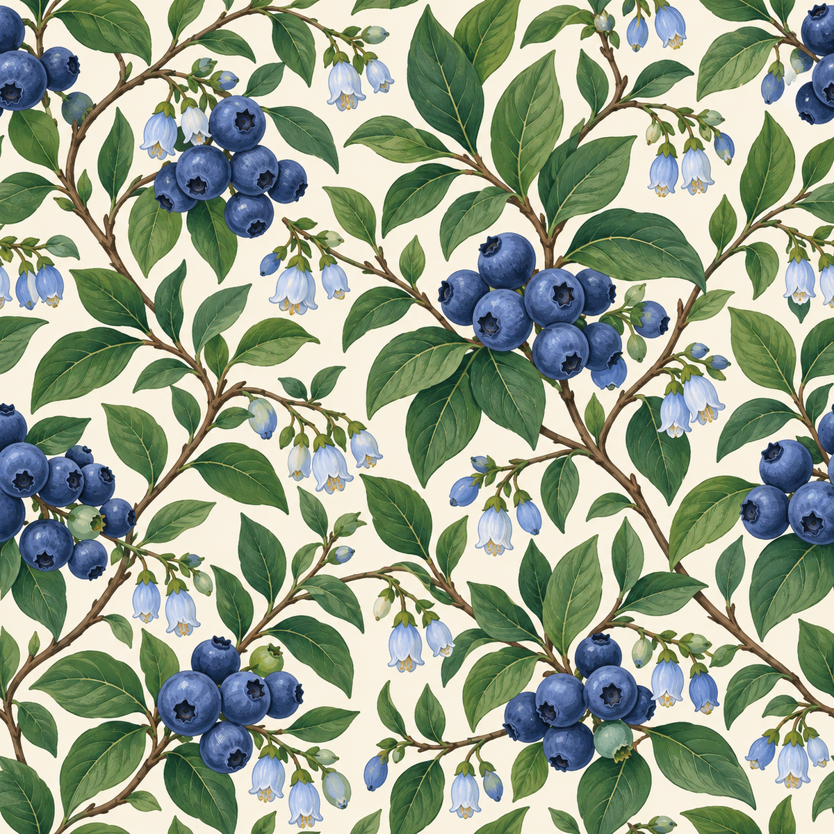 Full wallpaper panel showing the dynamic pattern of blueberries and leaves in a room setting. 