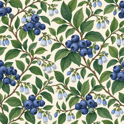 Full wallpaper panel showing the dynamic pattern of blueberries and leaves in a room setting. 