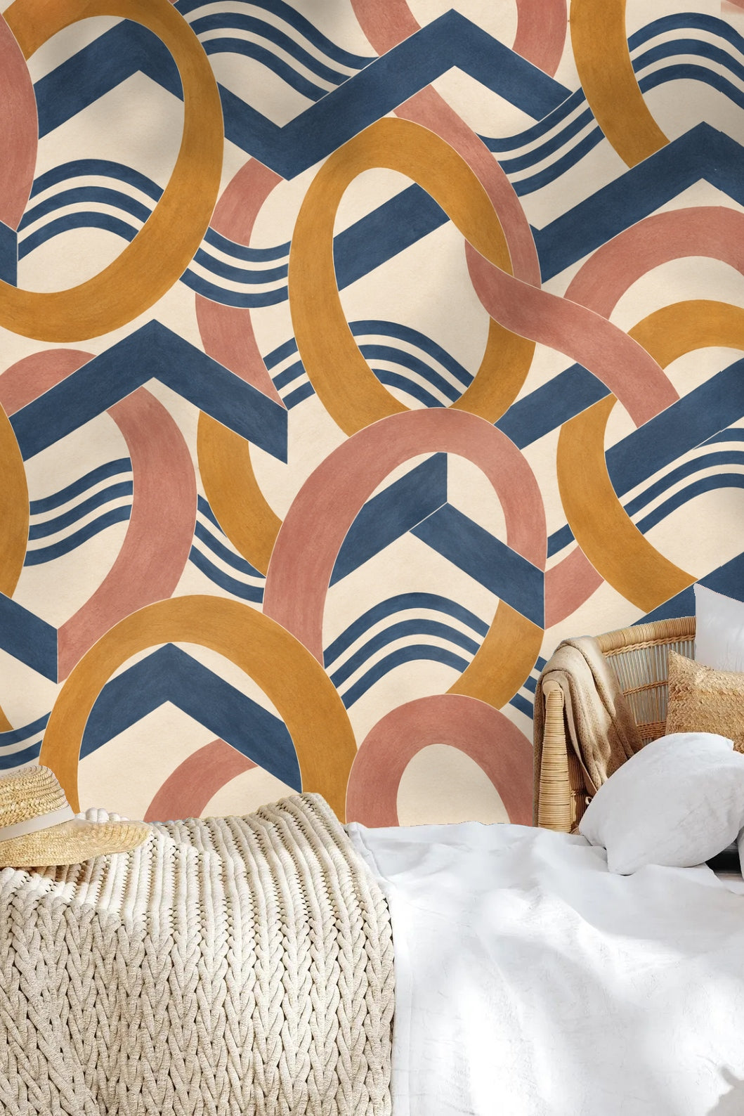 Children’s playroom with rattan furniture and Amber Orbit Weft wallpaper mural backdrop