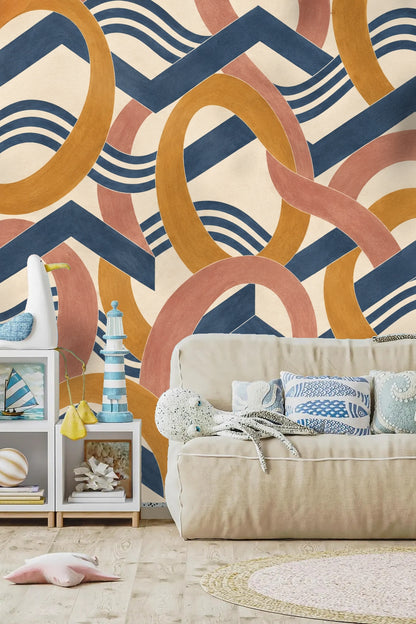 Pattern repeat detail showing brushstroke texture in Amber Orbit Weft wallpaper