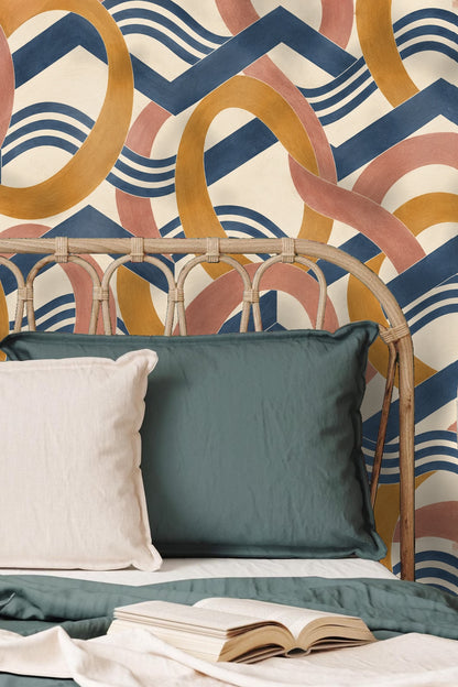 Wall mural of Amber Orbit Weft wallpaper in a botanical reading corner setting