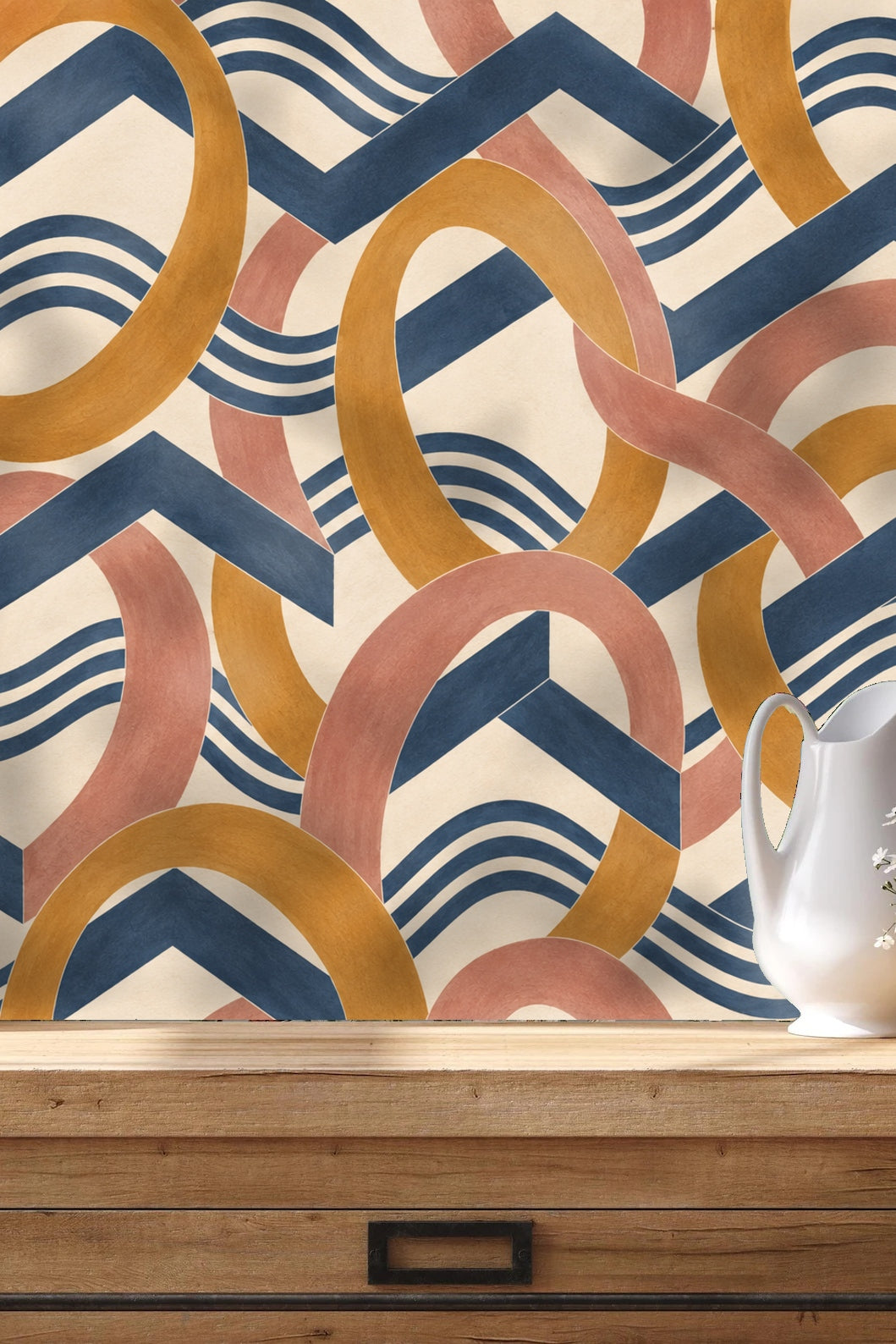 Abstract pattern detail of Amber Orbit Weft wallpaper showing intertwined loops and chevrons