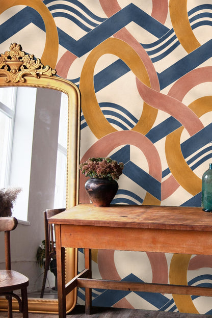 Detail of broad blue chevron and amber loops in Amber Orbit Weft wallpaper
