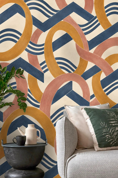 Soft cream background with bold graphic waves and loops in wallpaper