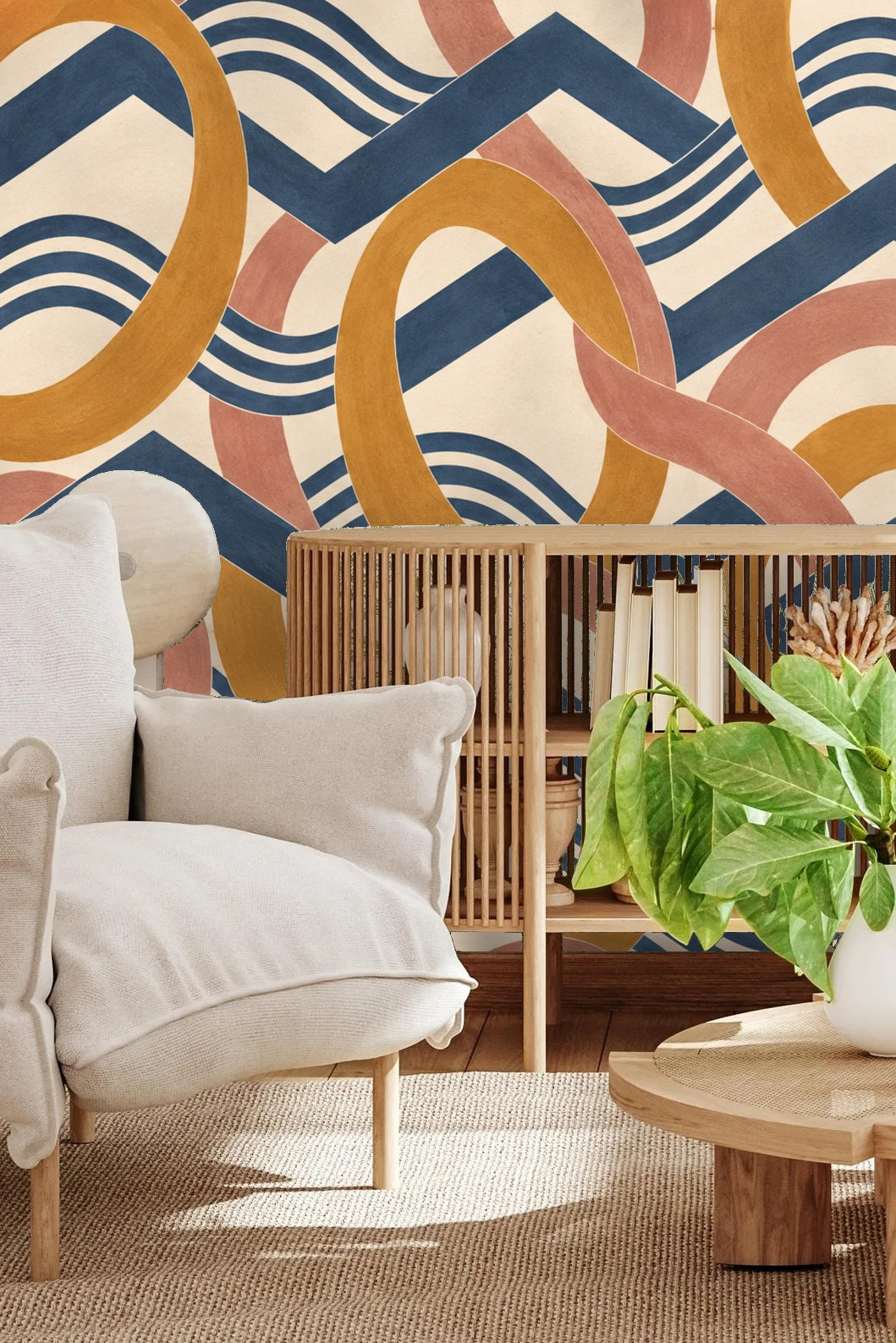 Amber Orbit Weft original geometric wallpaper artwork with looping arcs and chevrons in amber, dusty rose, and cobalt blue