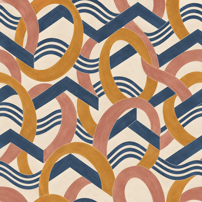 Modern interior wall dressed in amber and pink curving geometric wallpaper
