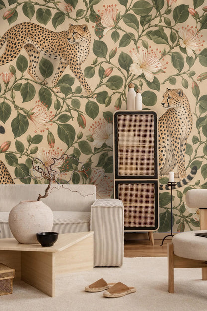 Pattern repeat showing foliage and multiple cheetahs in various poses