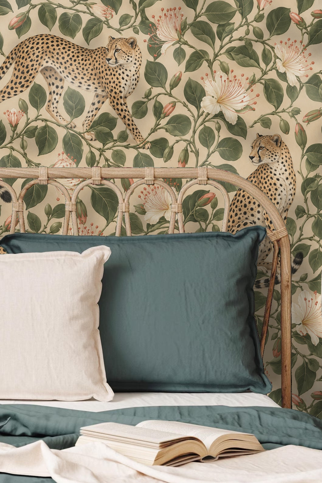 Playroom space featuring cheetah and floral mural wallpaper behind child-sized furniture and toys