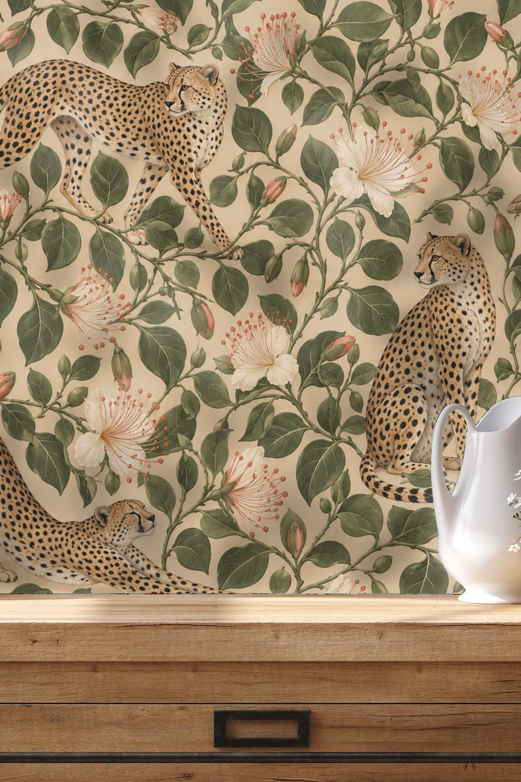 Wallpaper showing a cheetah stretching amidst green leaves and white flowers