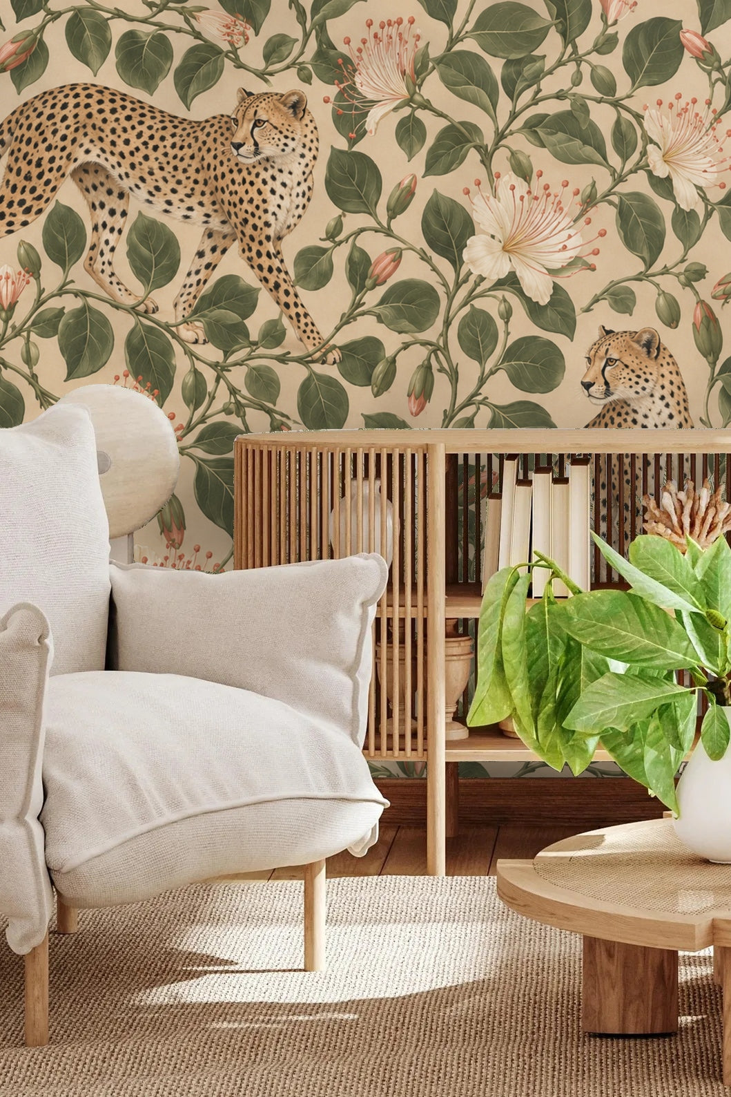 Wallpaper pattern detail with cheetahs and white flowers on a cream background