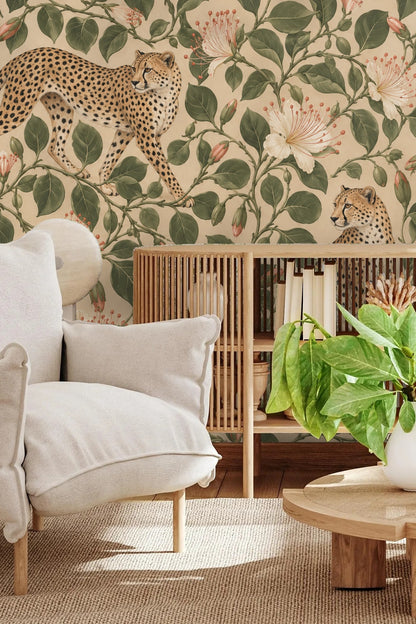 Wallpaper pattern detail with cheetahs and white flowers on a cream background