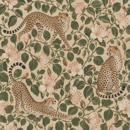 Room atmosphere showcasing natural colors and animal motifs on wallpaper