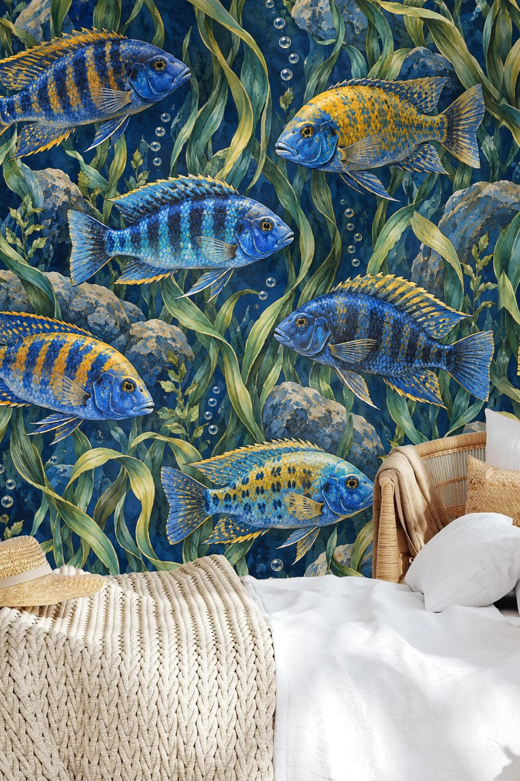Artistic texture detail of the fish scales and kelp leaves displaying watercolor effects.