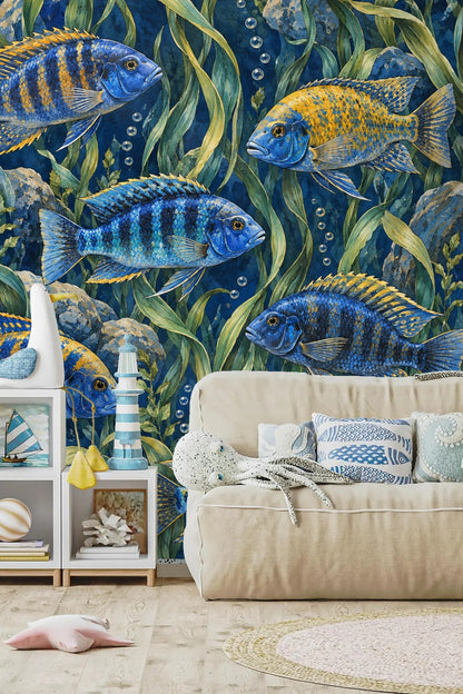 Wide shot of fish pattern showing natural underwater elements like rocks and bubbles.